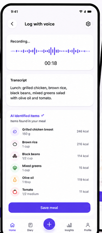 Novyli Mobile screen logging a meal by voice in English