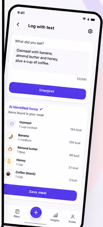 Novyli Mobile screen logging a meal by text in English