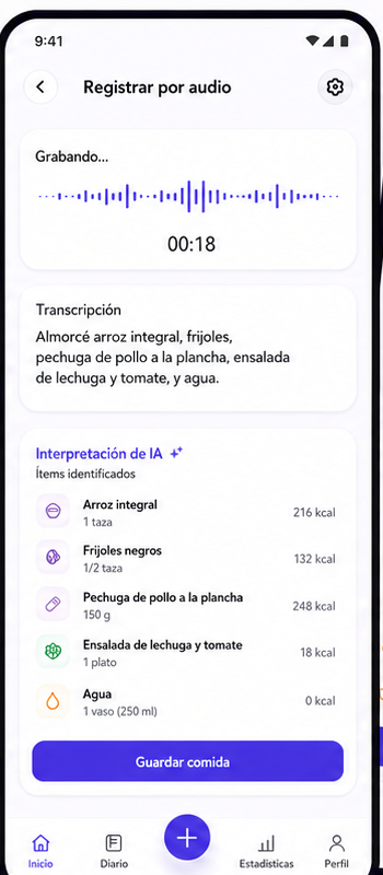 Pantalla de Novyli Mobile registrando una comida por audio en español