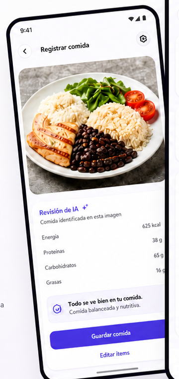 Pantalla de Novyli Mobile registrando una comida por foto en español