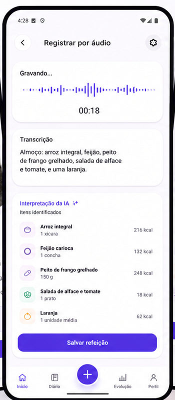 Tela do Novyli Mobile registrando uma refeição por áudio em português