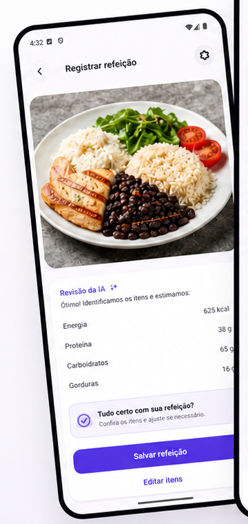 Tela do Novyli Mobile registrando uma refeição por foto em português