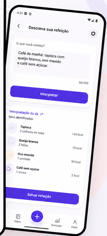 Tela do Novyli Mobile registrando uma refeição por texto em português