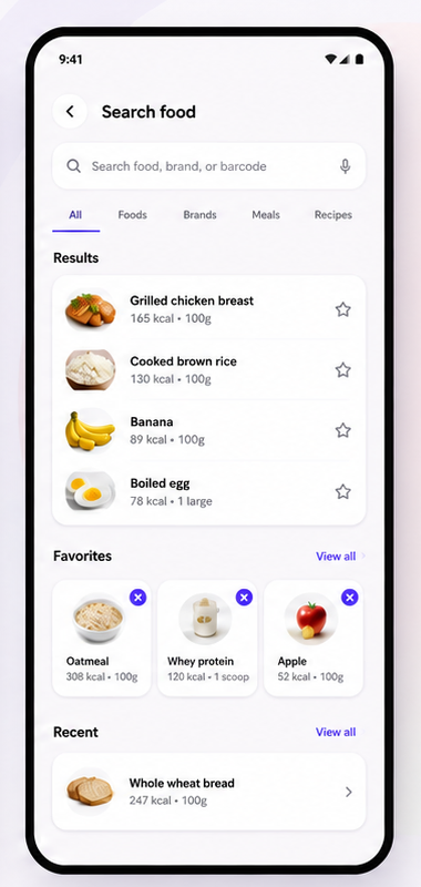 Novyli Mobile food search screen in English