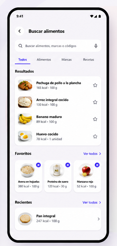 Pantalla de búsqueda de alimentos de Novyli Mobile en español