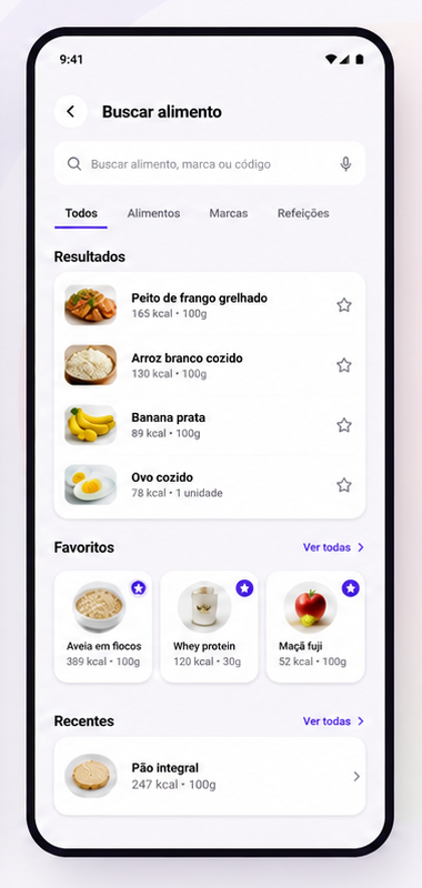 Tela de busca de alimentos do Novyli Mobile em português